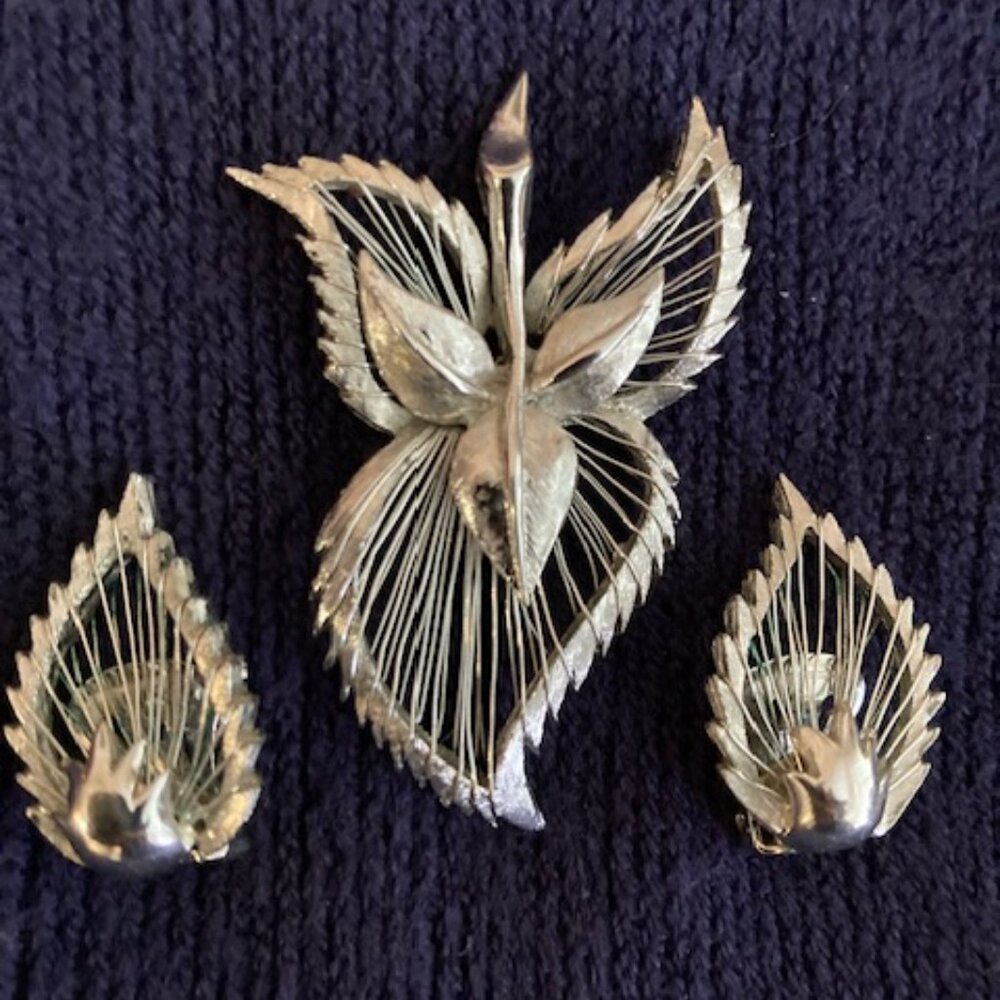 Vintage Sterling Silver Leaf Brooch & Clip-On Earrings (1950s Patent)